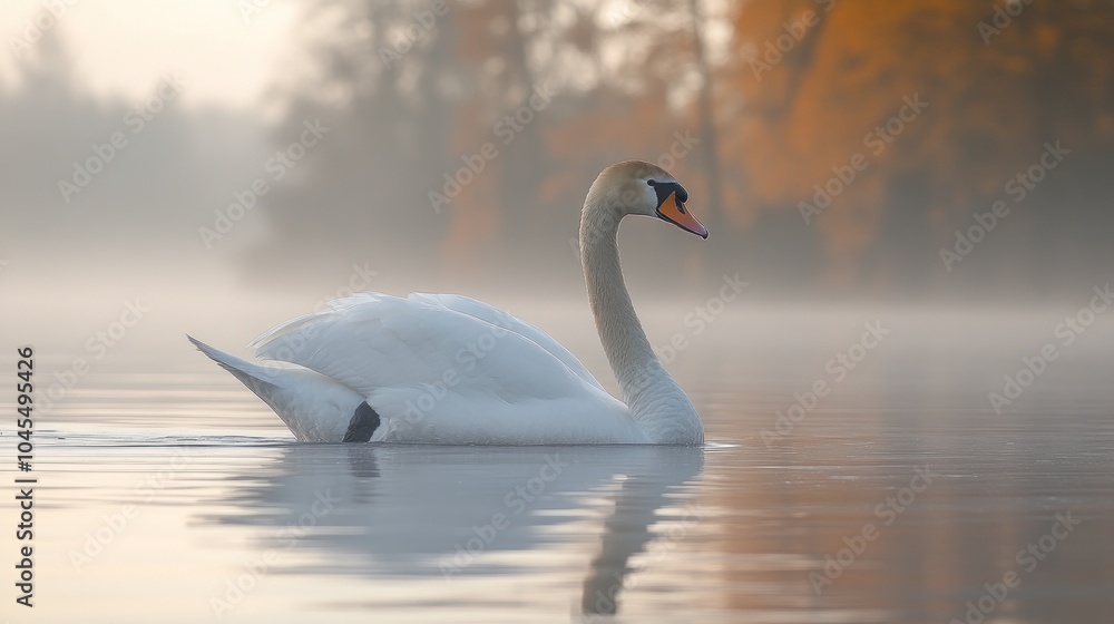 A serene swan glides gracefully across a misty lake surrounded by autumn foliage. A serene swan glides gracefully across a misty lake surrounded by autumn foliage.