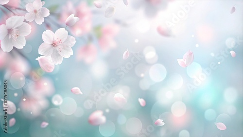 Spring border or background art with pink blossom. Beautiful nature scene with blooming tree and sun flare. Pink and blue pastel colored background with blurred cherry blossoms flying in the air