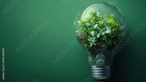 ecofriendly lightbulb filled with lush green plants set against a vibrant green background symbolizing the harmony between technology and nature