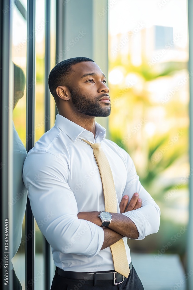 A modern businessman stands with arms crossed, exuding confidence against a bright windowed backdrop, city view visible. A modern businessman stands with arms crossed, exuding confidence against a bright windowed backdrop, city view visible.