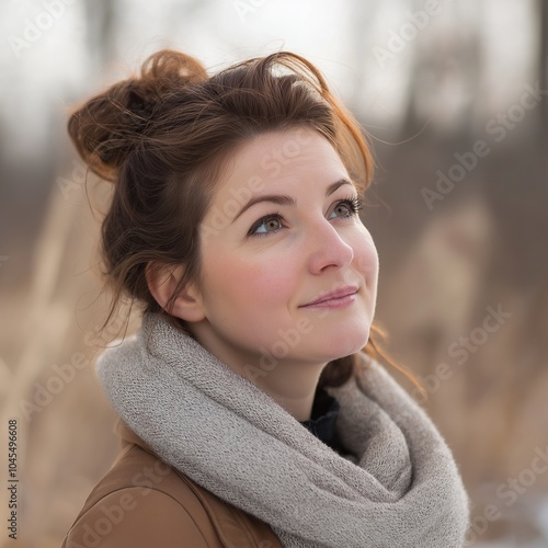 A serene portrait of a young woman in a scarf looking upwards, engulfed by the muted tones of a winter landscape. photo