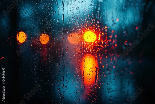 Rain-Streaked Window with Blurred City Lights at Night