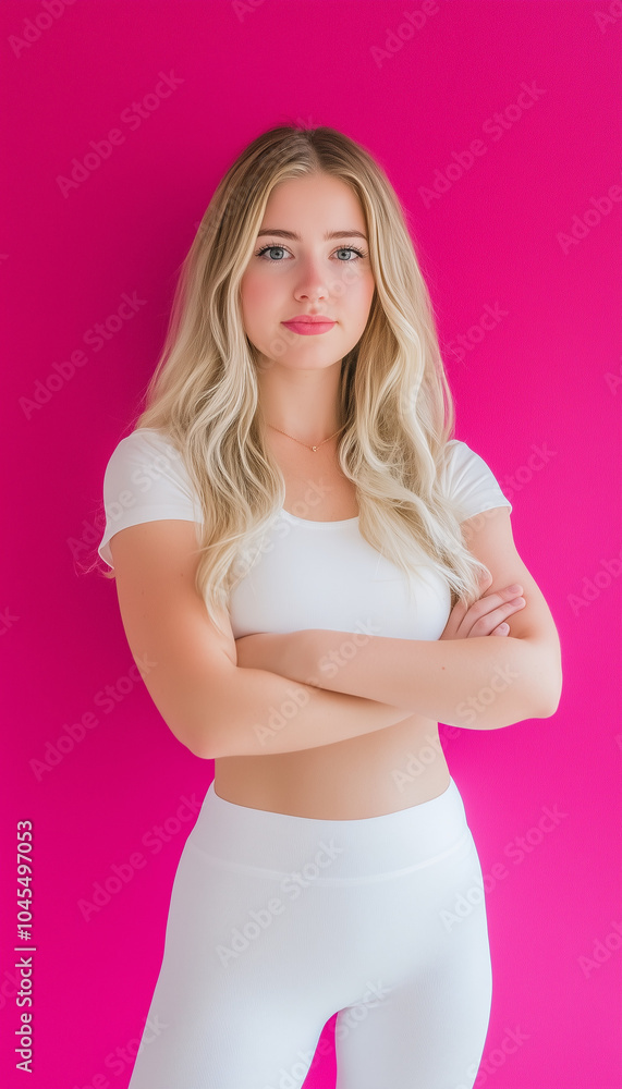 Blonde girl in white top and white leggings against pink studio wall background Blonde girl in white top and white leggings against pink studio wall background