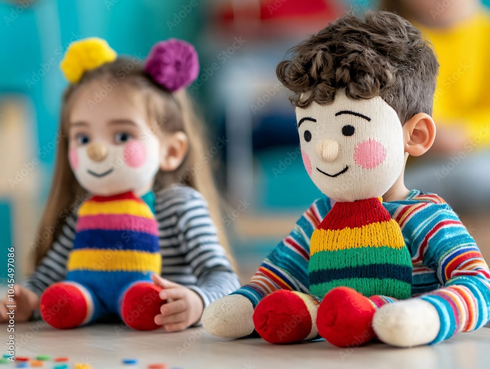 Naklejka premium Two children sit with colorful plush dolls, showcasing fun toys and joyful playtime in a vibrant setting.