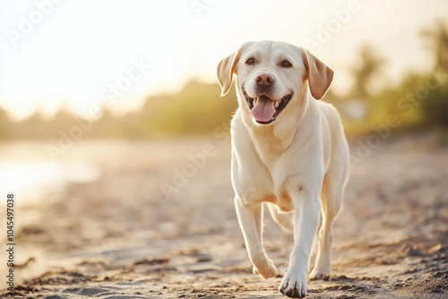 A joyful Labrador walks along a sunlit beach, exuding happiness and energy against a warm background.