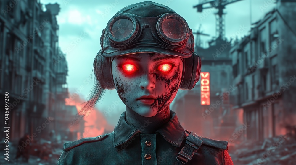 A zombie asian woman soldier with a helmet and glowing red eyes A zombie asian woman soldier with a helmet and glowing red eyes