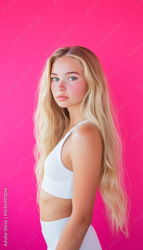 Blonde girl in white top and white leggings against pink studio wall background Blonde girl in white top and white leggings against pink studio wall background