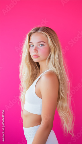 Blonde girl in white top and white leggings against pink studio wall background