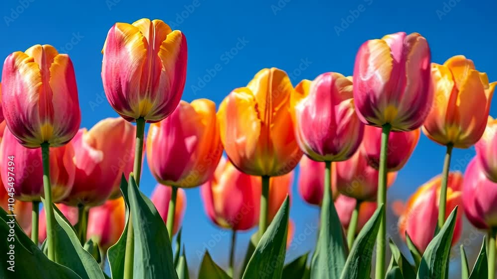 A field of colorful tulips blooms under a bright blue sky on a sunny day A field of colorful tulips blooms under a bright blue sky on a sunny day