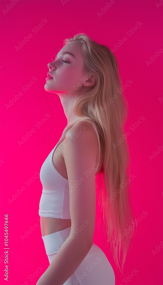 Blonde girl in white top and white leggings against pink studio wall background Blonde girl in white top and white leggings against pink studio wall background
