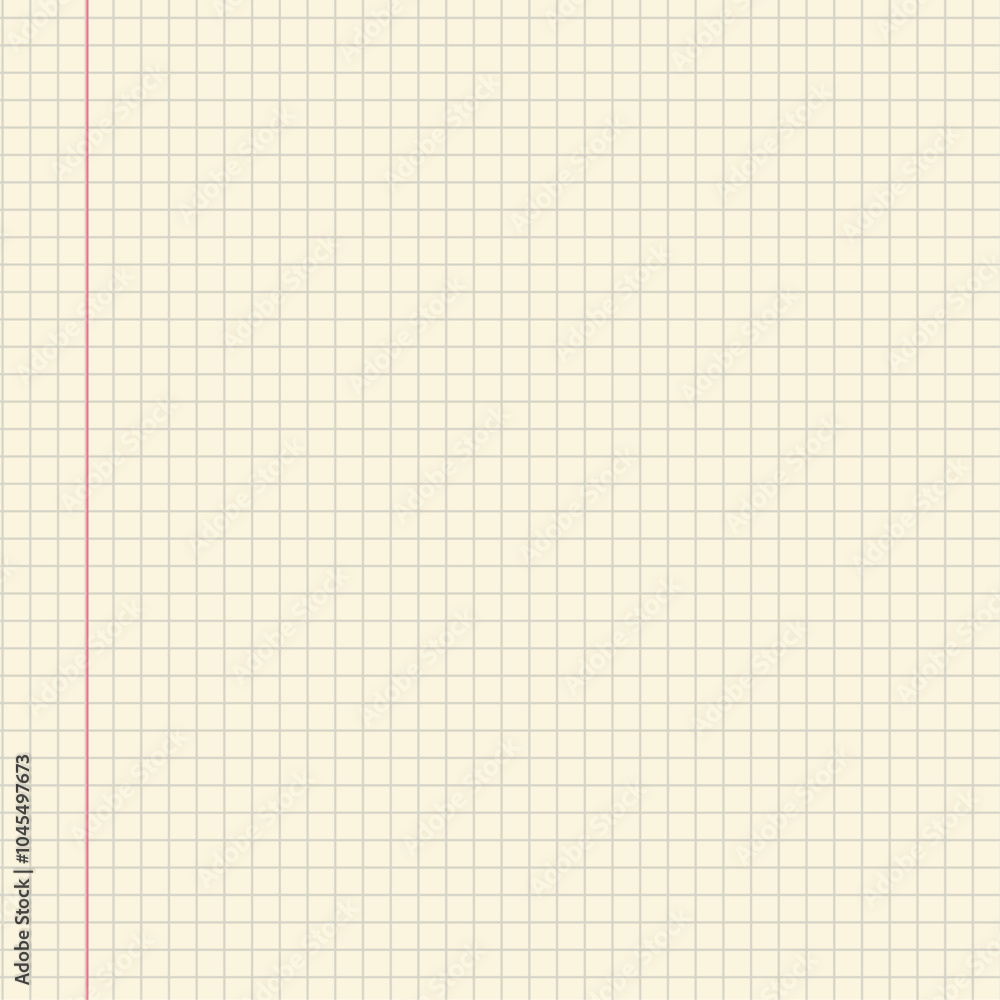 Blank squared notebook paper with a red margin line and light beige background for notes and sketches. Geometric pattern for school, wallpaper, textures, notebook. Lined blank Blank squared notebook paper with a red margin line and light beige background for notes and sketches. Geometric pattern for school, wallpaper, textures, notebook. Lined blank