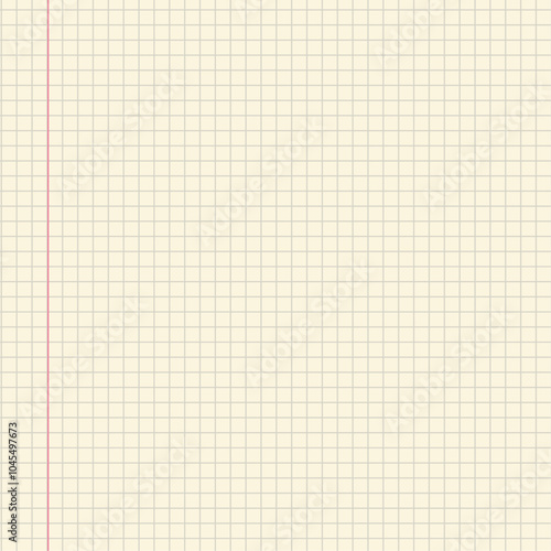 Blank squared notebook paper with a red margin line and light beige background for notes and sketches. Geometric pattern for school, wallpaper, textures, notebook. Lined blank 