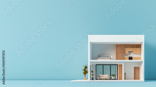 Miniature modern apartment, blueprint design, 3D illustration