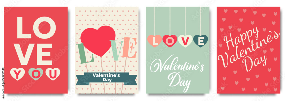 Set of Valentine's Day cards. Festive design with hearts, line arts and modern typography. Template for ads, branding, banner, cover, label, poster print Set of Valentine's Day cards. Festive design with hearts, line arts and modern typography. Template for ads, branding, banner, cover, label, poster print