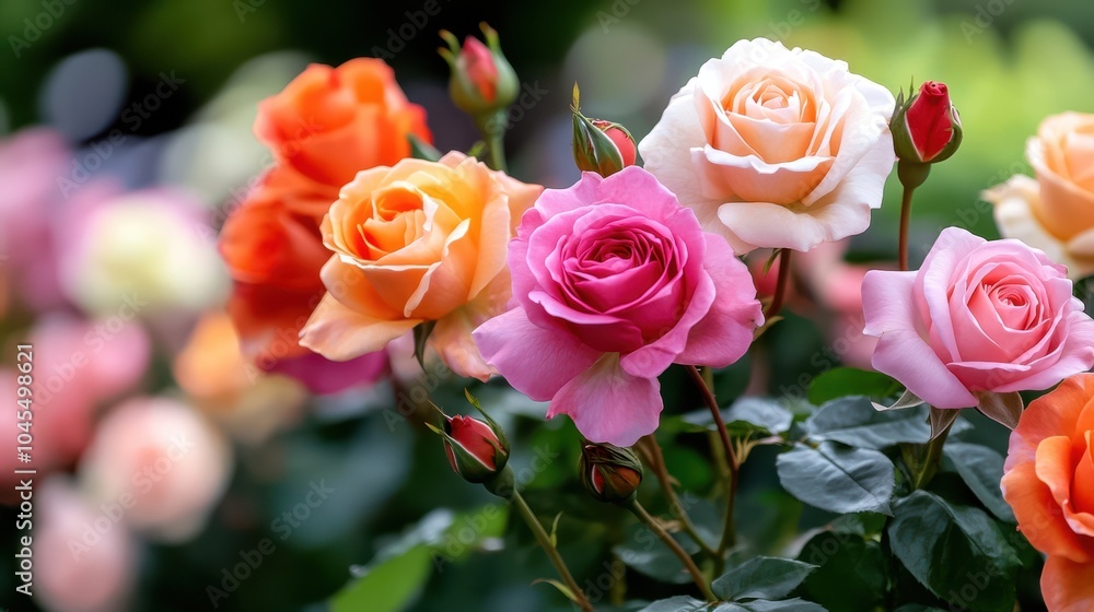 A vibrant display of multi-colored roses in full bloom, showcasing nature's beauty. A vibrant display of multi-colored roses in full bloom, showcasing nature's beauty.