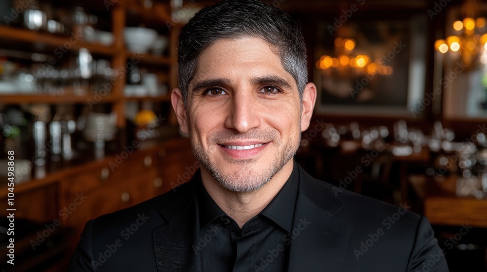 Fototapeta premium Smiling Middle Aged Man in Elegant Restaurant Setting
