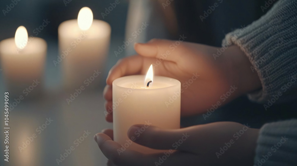 A peaceful moment with hands holding a lit candle, creating a serene atmosphere in soft, ambient light. A peaceful moment with hands holding a lit candle, creating a serene atmosphere in soft, ambient light.