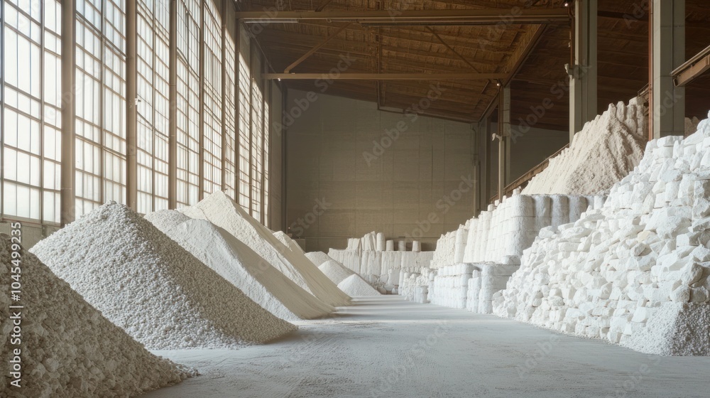 Non-metallic minerals, including limestone and gypsum, displayed in large storage piles. Non-metallic minerals, including limestone and gypsum, displayed in large storage piles.