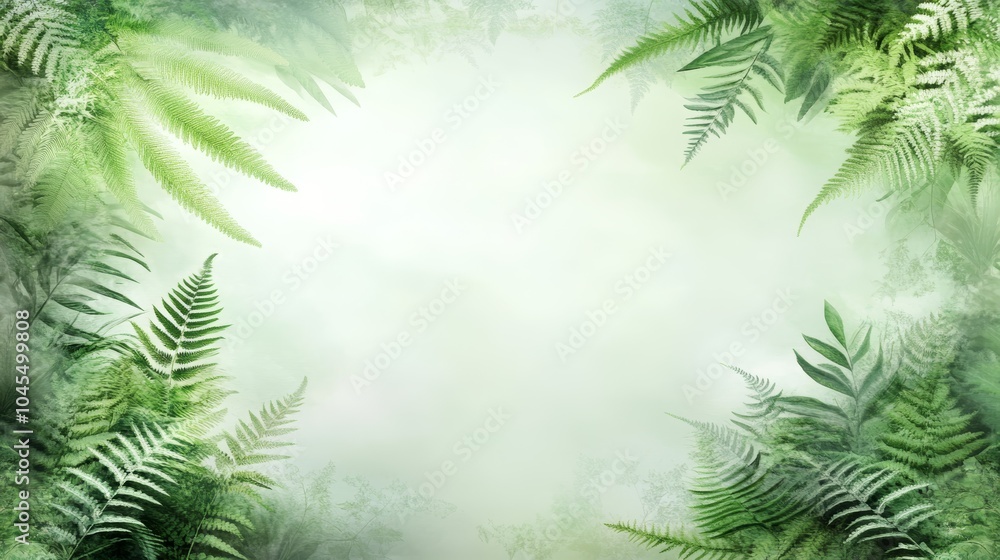 A serene, misty background featuring lush green ferns, creating a peaceful and natural atmosphere. A serene, misty background featuring lush green ferns, creating a peaceful and natural atmosphere.