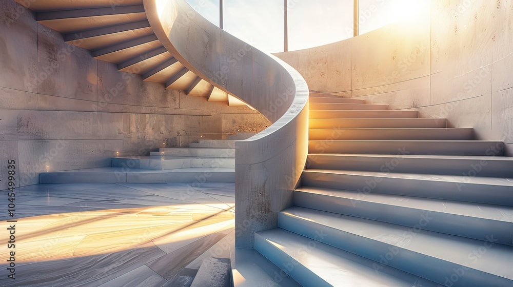 Obraz premium A spiral staircase illuminated by natural light, with a modern museum exterior in the background.