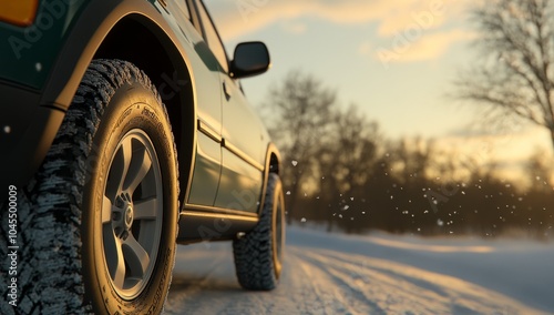 A close-up of the winter tires on an SUV, set against a backdrop of a snowy road with soft sunlight and gentle shadows. photo