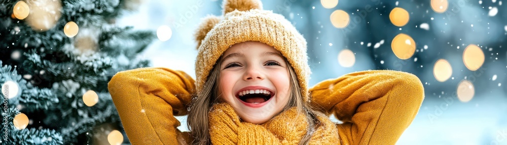 A joyful girl in a yellow sweater and hat enjoying winter with a snowy background and holiday lights. A joyful girl in a yellow sweater and hat enjoying winter with a snowy background and holiday lights.