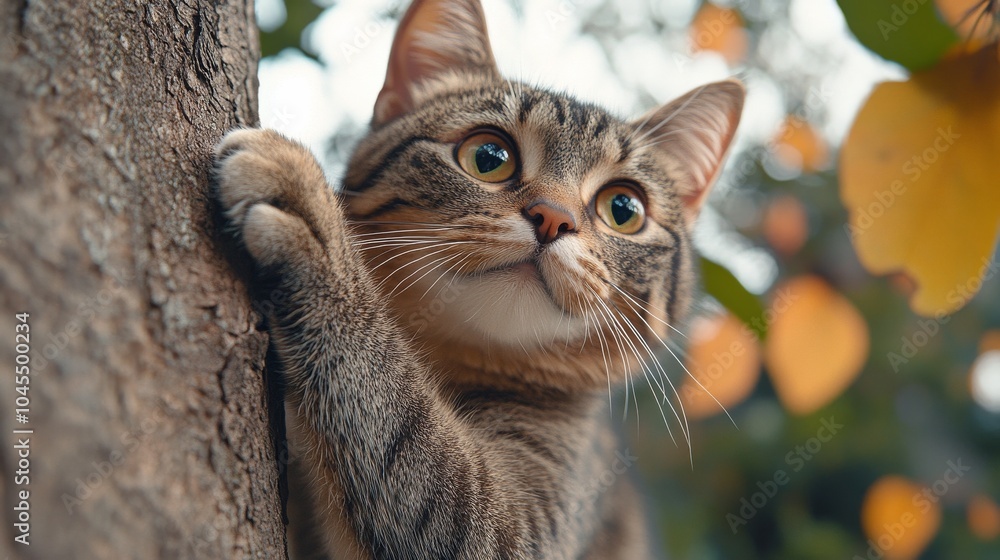 Pet interacting with a tree. Featuring a cat climbing a tree in a backyard. Highlighting the curiosity and agility of cats. Ideal for pet behavior studies. Pet interacting with a tree. Featuring a cat climbing a tree in a backyard. Highlighting the curiosity and agility of cats. Ideal for pet behavior studies.