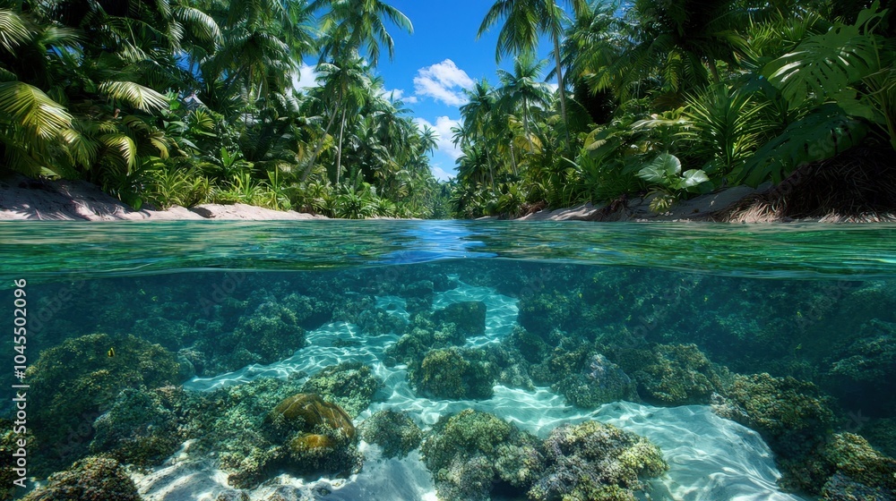Tropical Lagoon with Underwater Coral Reef and Palm Trees Tropical Lagoon with Underwater Coral Reef and Palm Trees