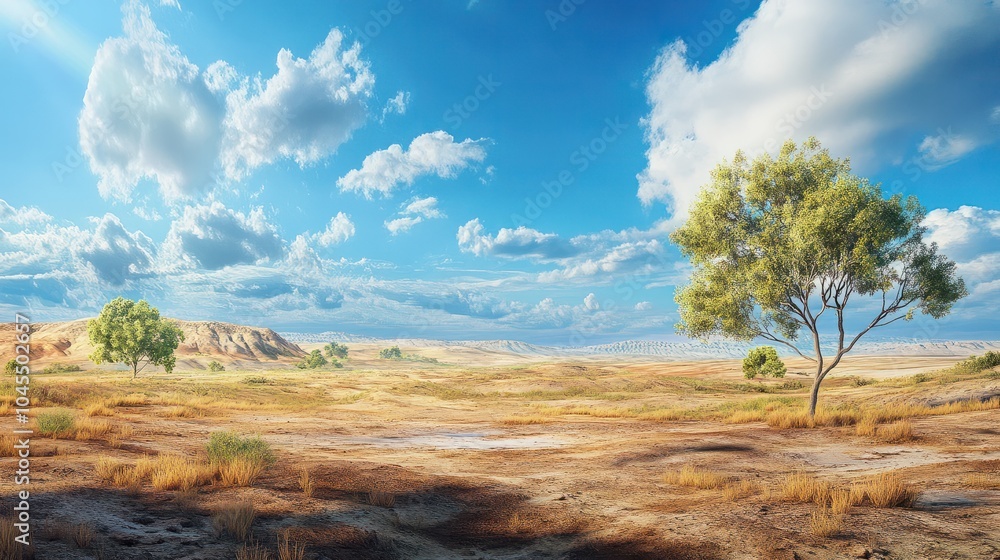 World Day to Combat Desertification and Drought, June 17. Barren foreground transitions to thriving green landscape, restoration success