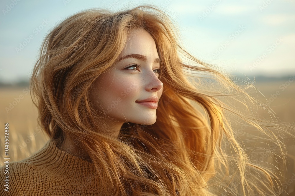 A Young Woman with Blonde Hair Blowing in the Wind A Young Woman with Blonde Hair Blowing in the Wind
