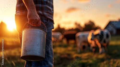 Farmer carrying a milk pail on a rural farm at sunset.