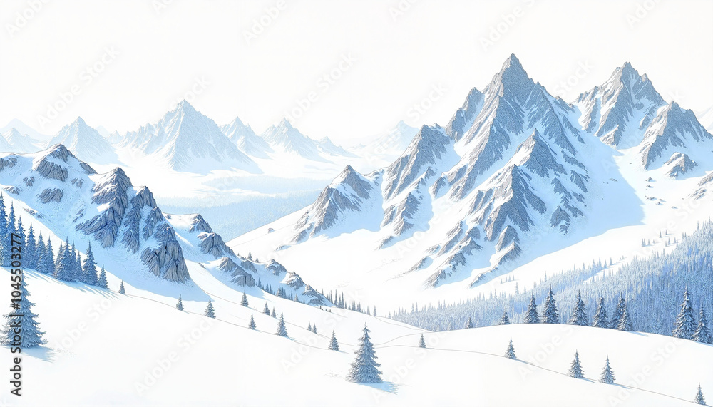 Snowy mountain landscape with peaks and evergreen trees in winter Snowy mountain landscape with peaks and evergreen trees in winter