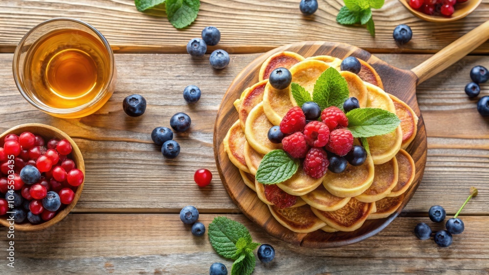 A delightful stack of golden pancakes, topped with fresh berries, mint leaves, and a side of honey, creating a delicious and visually appealing breakfast