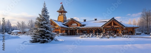 Exterior Christmas display at Lapland Hotel in Rovaniemi, Finland, featuring traditional wooden log cabin architecture, a large gable roof, and tall wooden spire, surrounded by snow and a decorated Ch photo