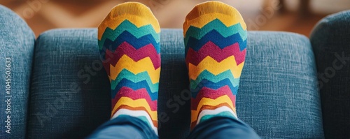 Colorful zigzag socks worn on cozy feet, showcasing vibrant patterns and adding a playful touch to relaxation at home. photo