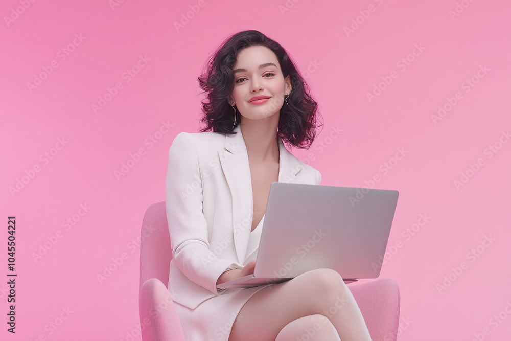 Elegant Woman with Curly Red Hair Confidently Posing with Laptop in Stylish Studio Setting Elegant Woman with Curly Red Hair Confidently Posing with Laptop in Stylish Studio Setting