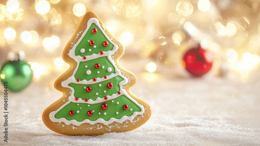 Close-up Photo of a Christmas Tree Shaped Gingerbread Cookie with Festive Bokeh Background Close-up Photo of a Christmas Tree Shaped Gingerbread Cookie with Festive Bokeh Background