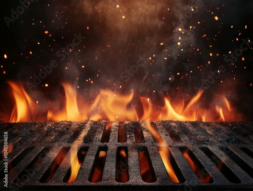 Barbecue grill  with intense flames with a black background, empty BBQ grill close up isolated for steakhouse shot photo