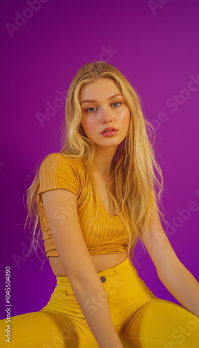 Blonde girl in yellow top and yellow leggings against purple studio wall background
