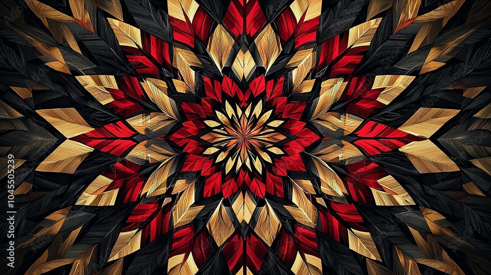 Bold Black, Red, and Gold Mandala Art with Sharp Angular Patterns Bold Black, Red, and Gold Mandala Art with Sharp Angular Patterns