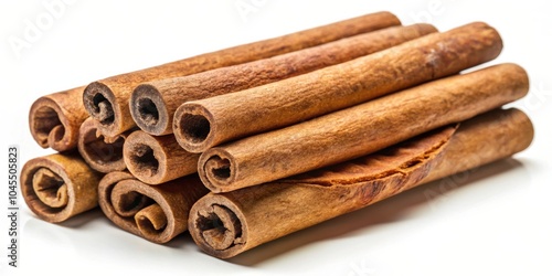 A stack of cinnamon sticks, showcasing their rich brown color and intricate texture, isolated against a pristine white background. photo