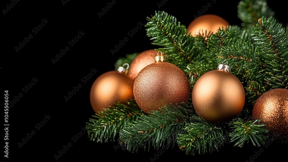 Christmas ornaments on a pine branch with a black background. Generative ai Christmas ornaments on a pine branch with a black background. Generative ai