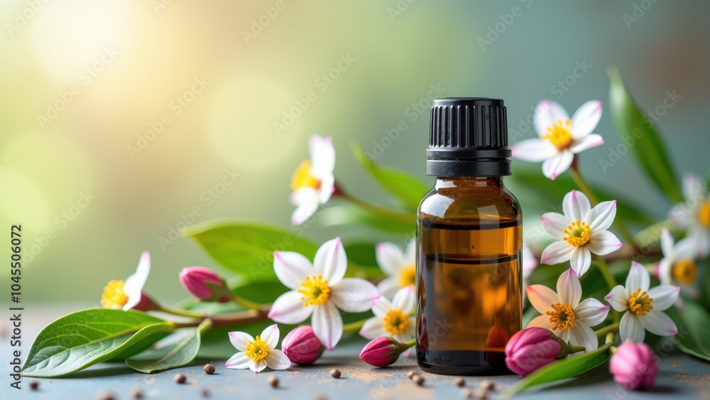 Aromatherapy bottle surrounded by vibrant flowers and leaves, representing holistic health, natural beauty, and self-care.