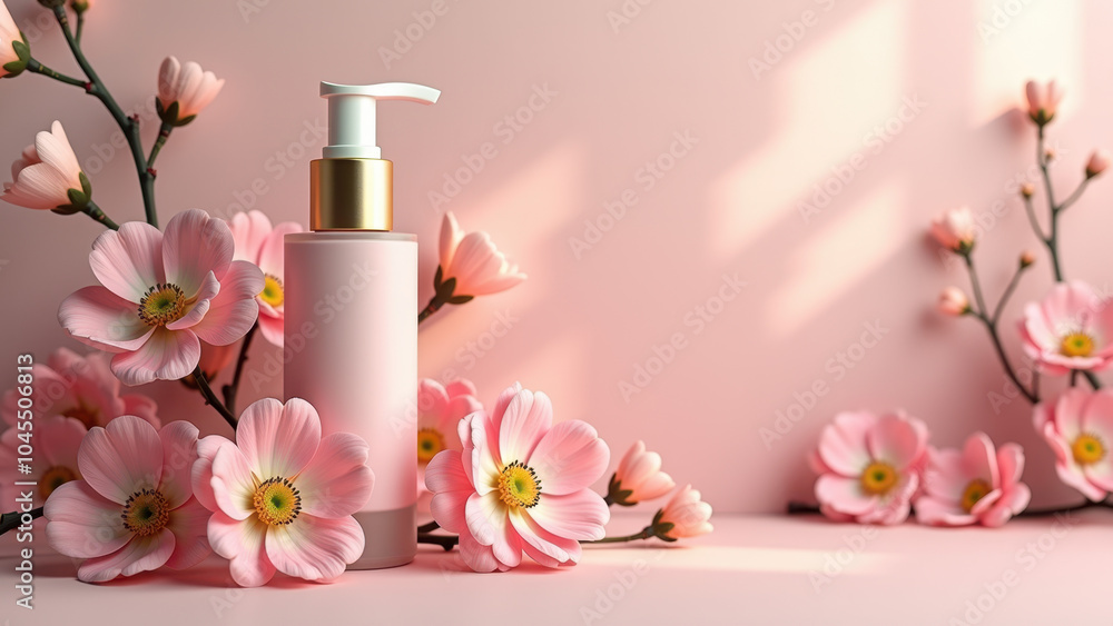 Elegant pink pump bottle with delicate blossoms on a soft pastel background, perfect for natural beauty and skincare product promotion. Elegant pink pump bottle with delicate blossoms on a soft pastel background, perfect for natural beauty and skincare product promotion.
