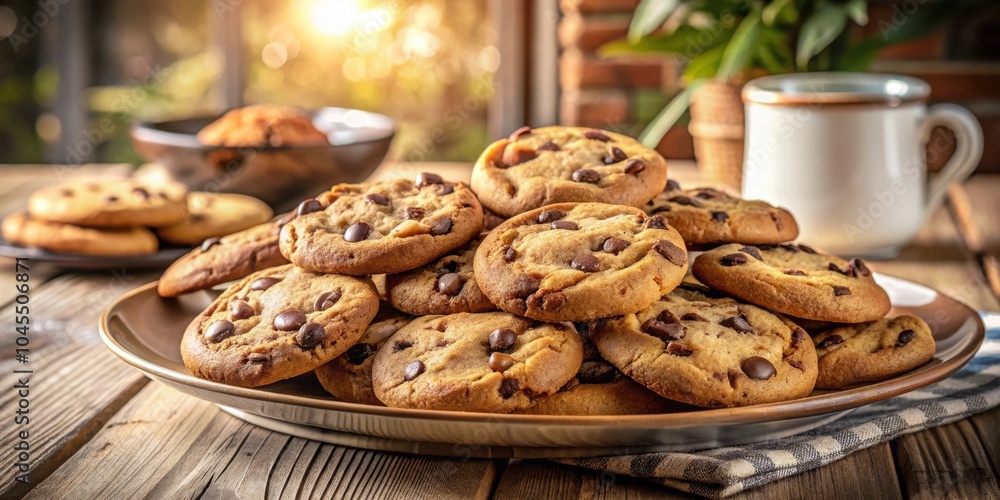 A plate piled high with freshly baked chocolate chip cookies, a perfect treat for a warm afternoon. A plate piled high with freshly baked chocolate chip cookies, a perfect treat for a warm afternoon.
