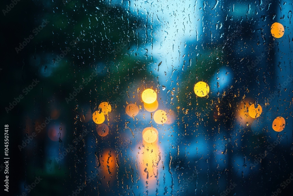 Obraz premium Rain-streaked Window with Blurred City Lights at Night