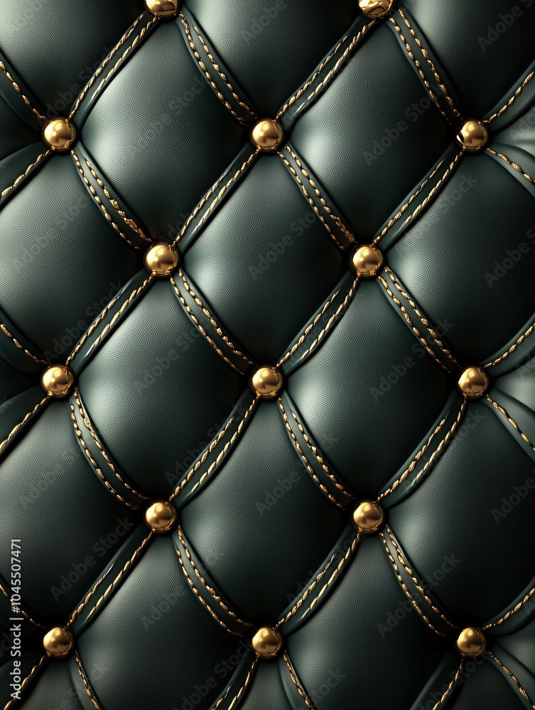 Naklejka premium A luxurious, close-up view of tufted leather upholstery with intricate stitching and gold buttons, showcasing a refined, elegant, and textured design perfect for premium decor and furniture.
