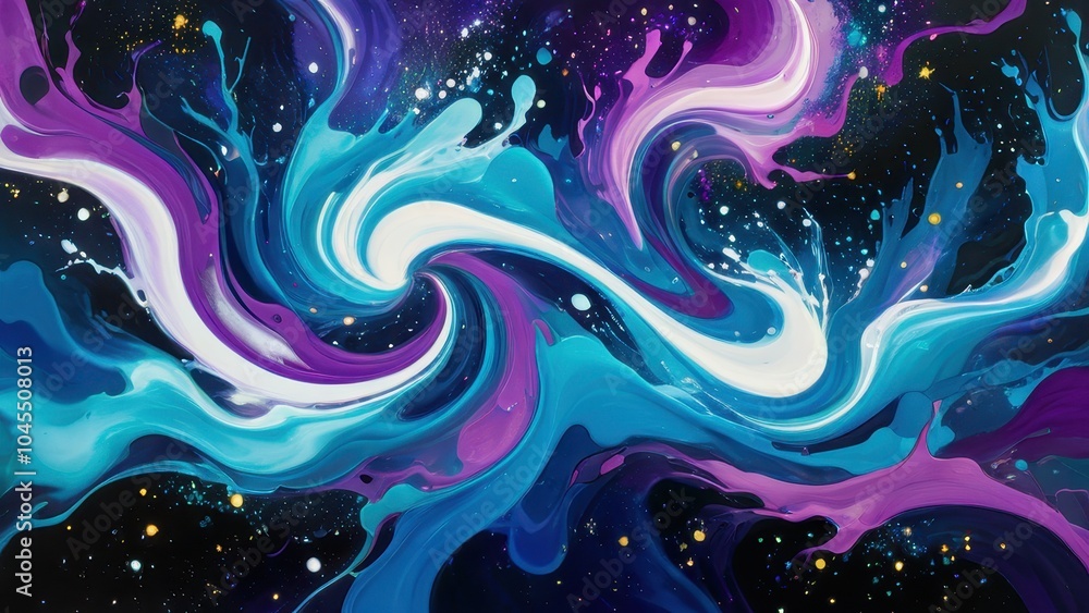 A mesmerizing abstract painting showcasing fluid shapes and vibrant colors swirling against a dark backdrop, creating a cosmic and dynamic visual experience A mesmerizing abstract painting showcasing fluid shapes and vibrant colors swirling against a dark backdrop, creating a cosmic and dynamic visual experience