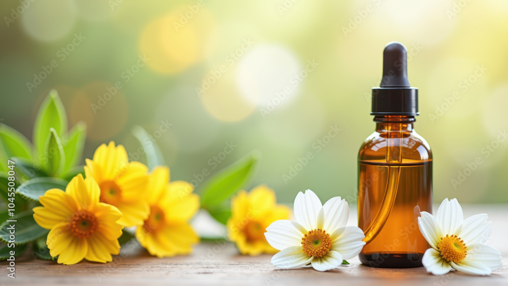 A bottle of essential oil with fresh yellow and white flowers in a peaceful natural setting. Perfect for aromatherapy and wellness themes. A bottle of essential oil with fresh yellow and white flowers in a peaceful natural setting. Perfect for aromatherapy and wellness themes.