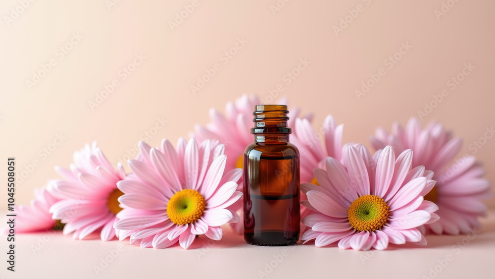 Aromatherapy dropper bottle placed among pink flowers, ideal for skincare, wellness, and holistic health themes. Aromatherapy dropper bottle placed among pink flowers, ideal for skincare, wellness, and holistic health themes.